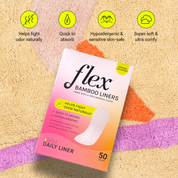 Box of 50 Flex bamboo daily liners with text overlay highlighting key features
