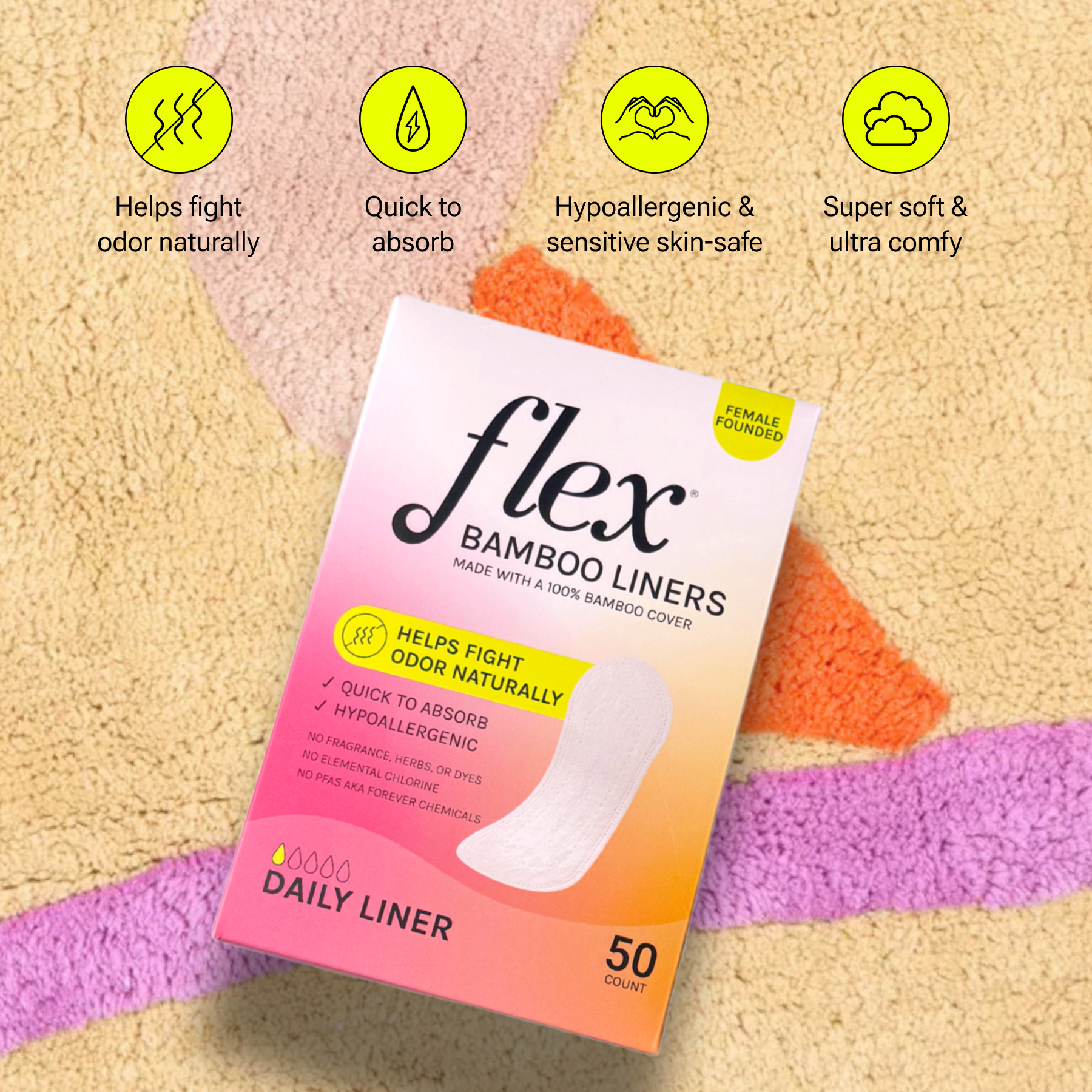 Box of 50 Flex bamboo daily liners with text overlay highlighting key features