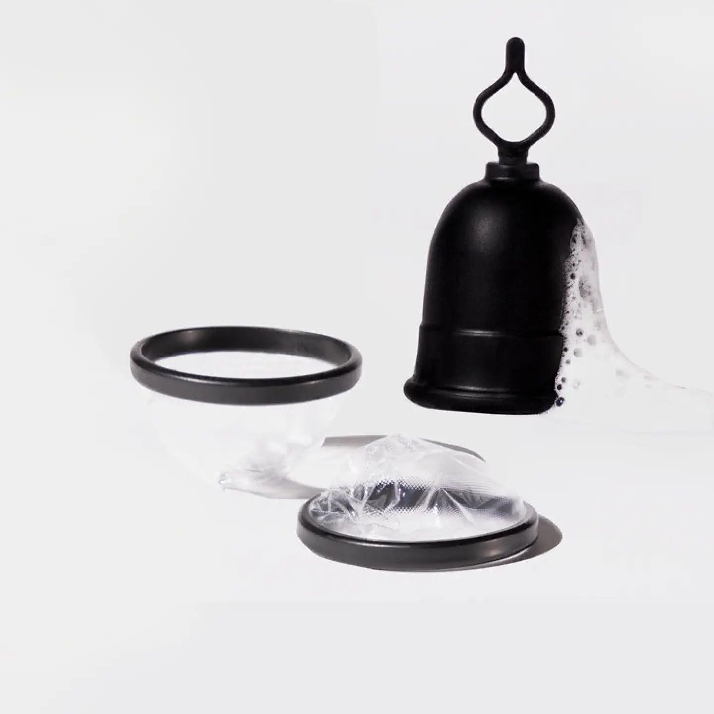 Menstrual disc set with silicone rim and cleansing container with soap suds