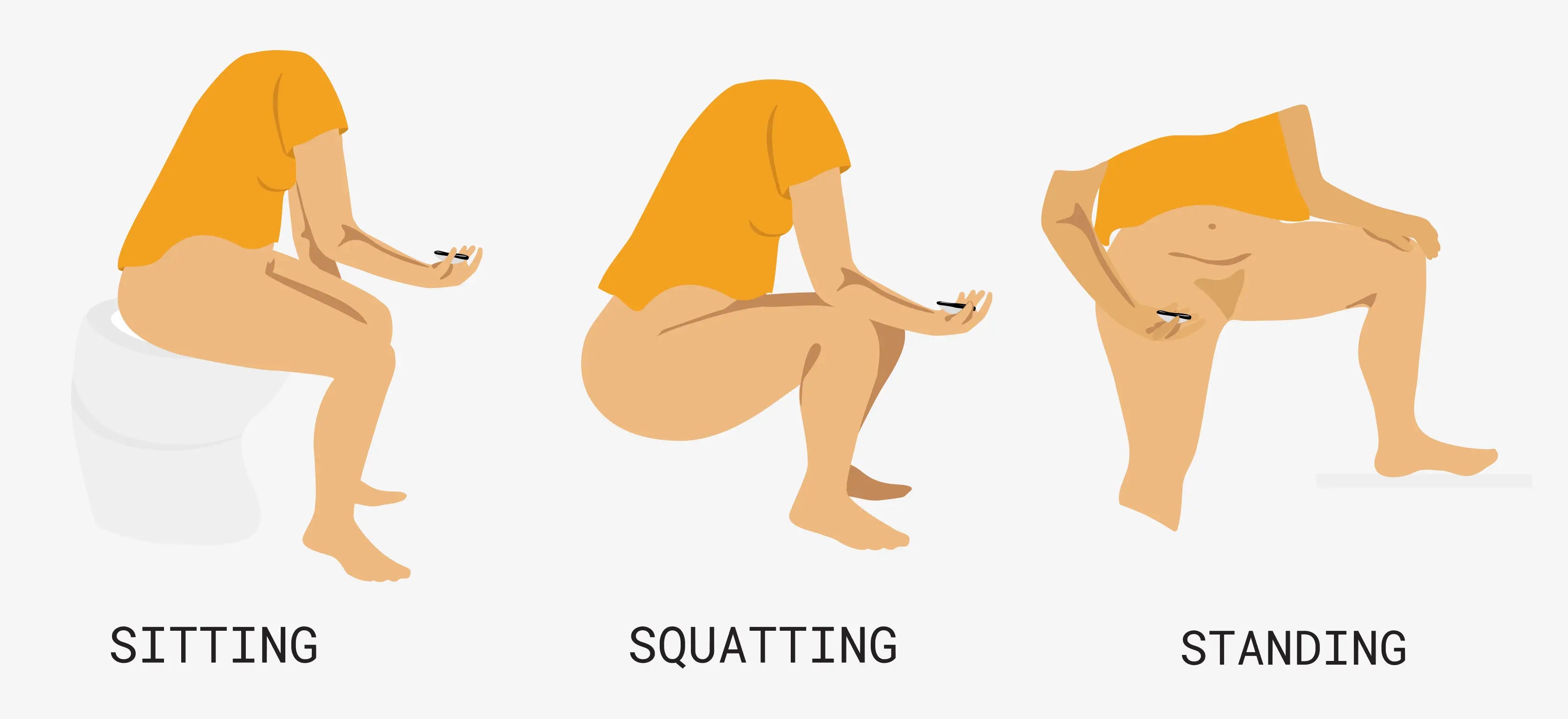Illustration of three hand-held menstrual product insertion positions: sitting, squatting, and standing