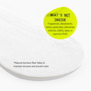 Close-up of menstrual liner with text highlighting materials and ingredients not included.