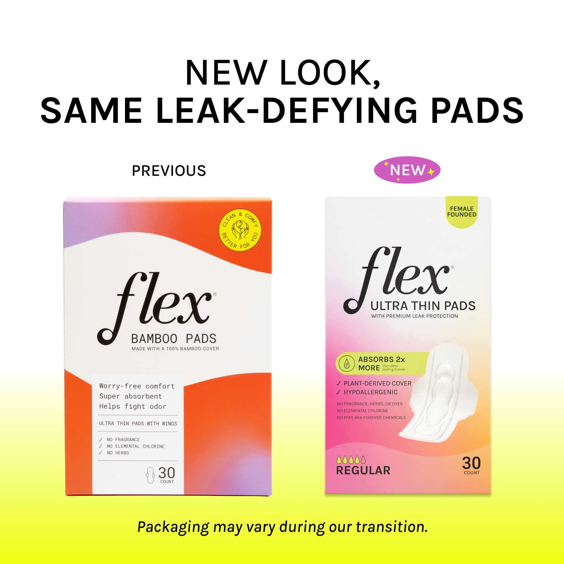 Side-by-side comparison of previous and new Flex pads packaging, both showing 30-count boxes.