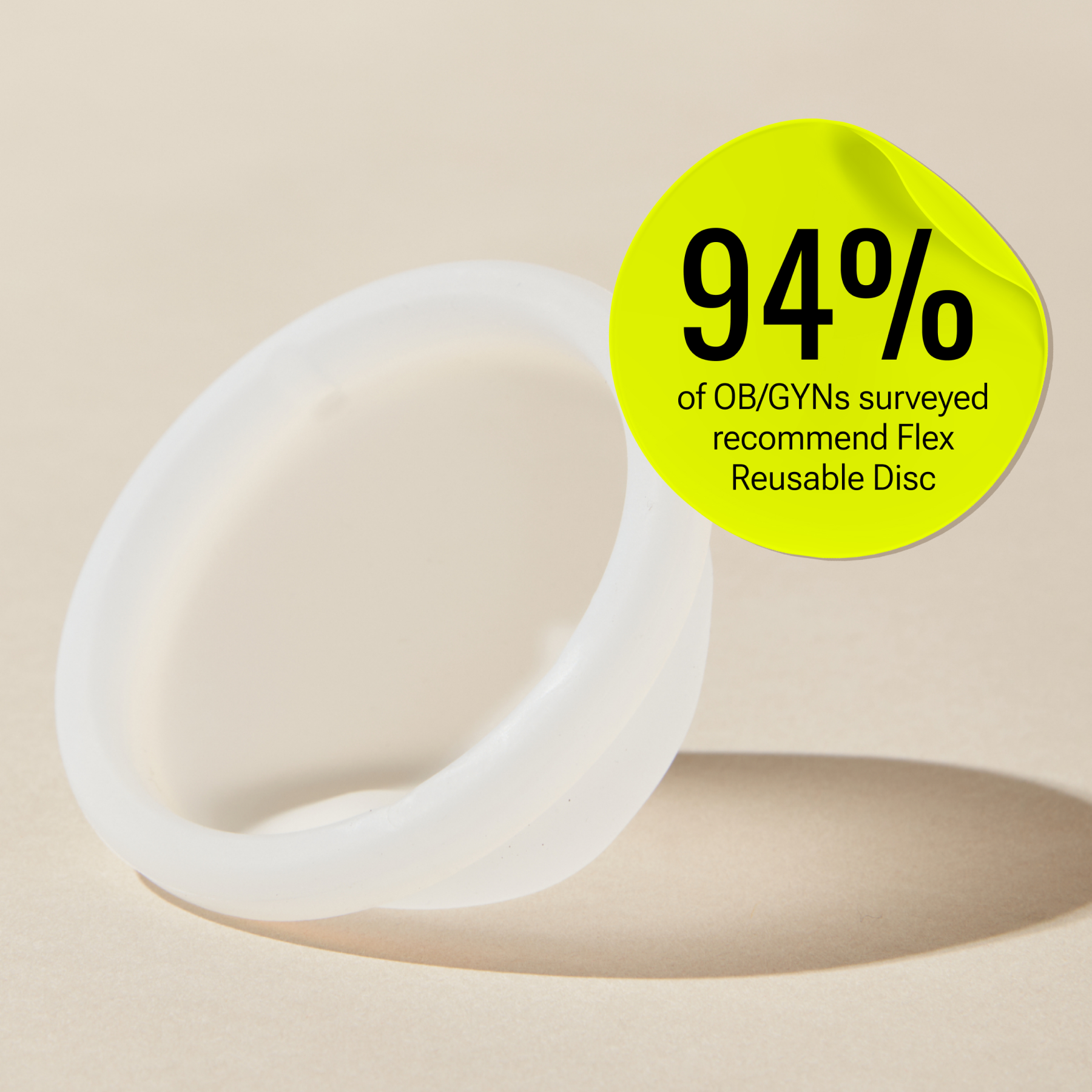 Reusable menstrual disc with highlighted survey statistic recommending the product