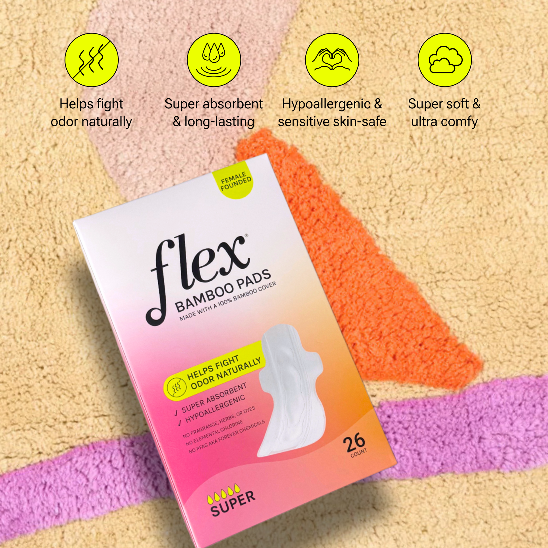 Box of Flex bamboo pads with 26 count and product benefit icons above