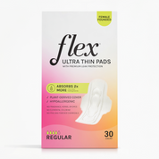 Box of flex ultra thin pads with gradient design on a white background