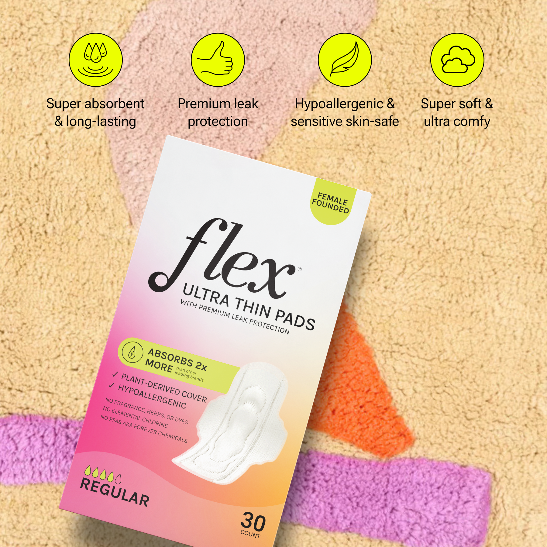Box of flex ultra thin pads with product features on a colorful background