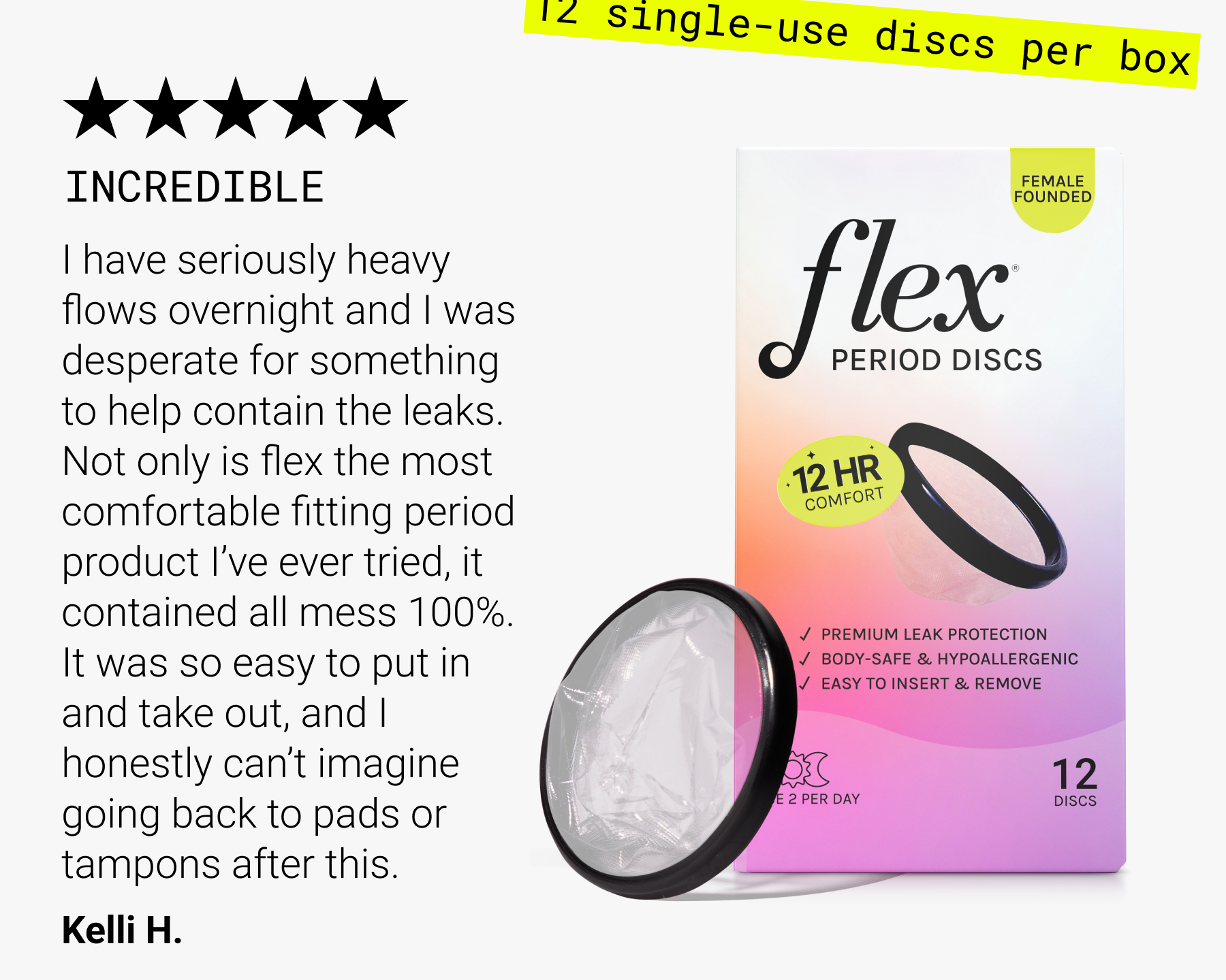 Box of 12 Flex period discs with a single disc shown in front and customer review text.
