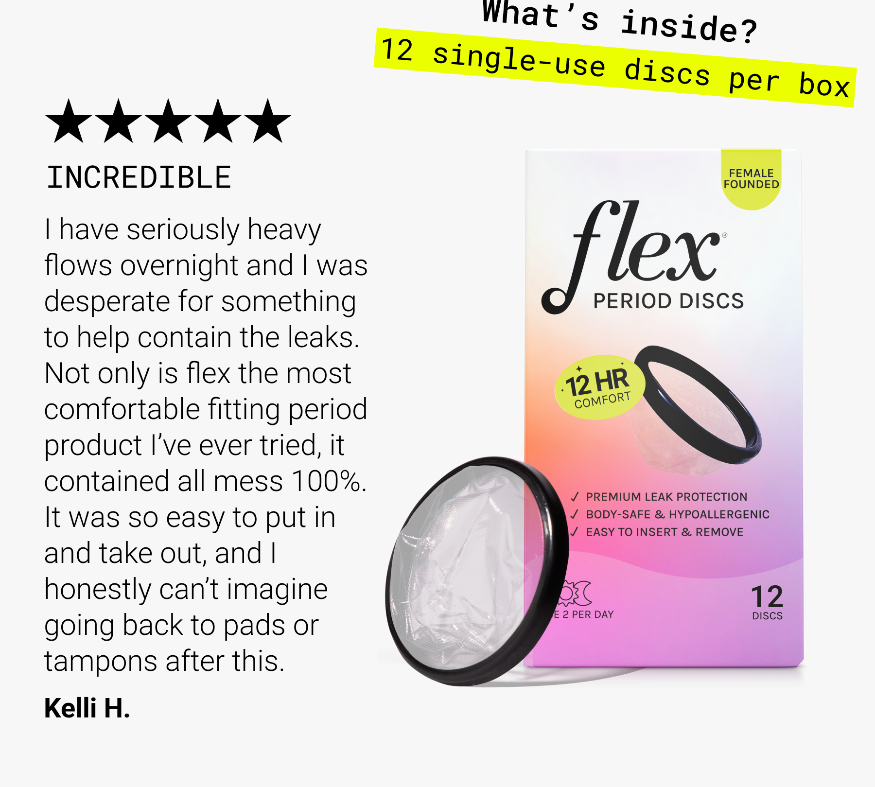 Box of 12 Flex period discs with a single disc shown in front and customer review text.