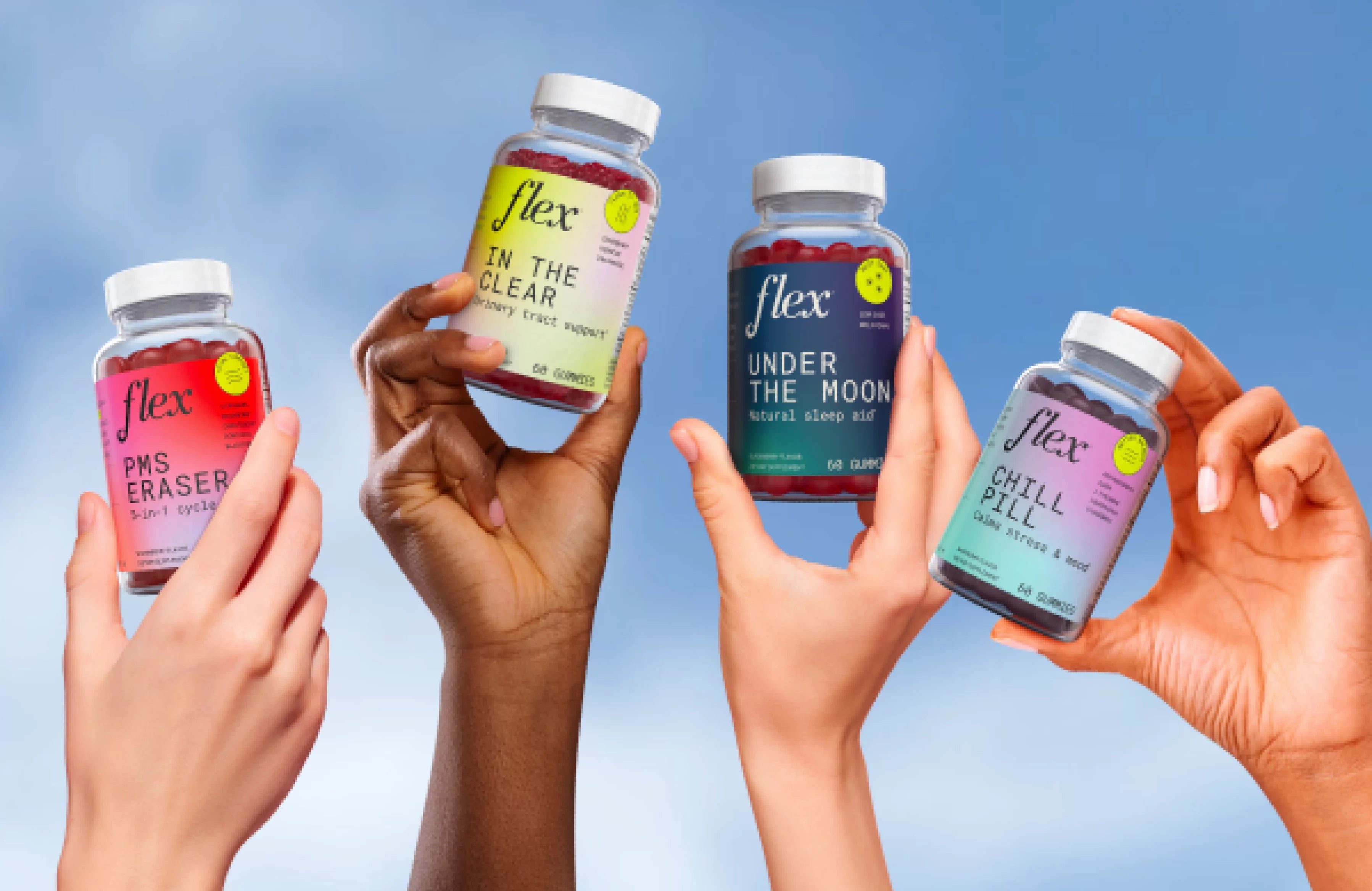 Four hands holding Flex supplement bottles against a blue sky background.