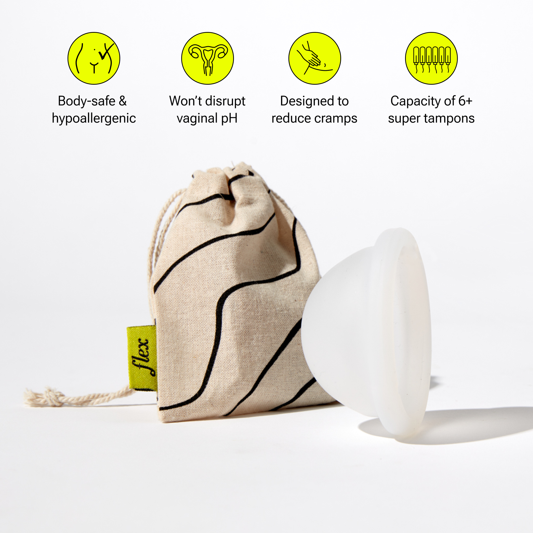 Reusable menstrual disc with drawstring pouch and feature highlights in icons above