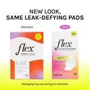 Side-by-side comparison of previous and new Flex pads packaging, both showing 30-count boxes.