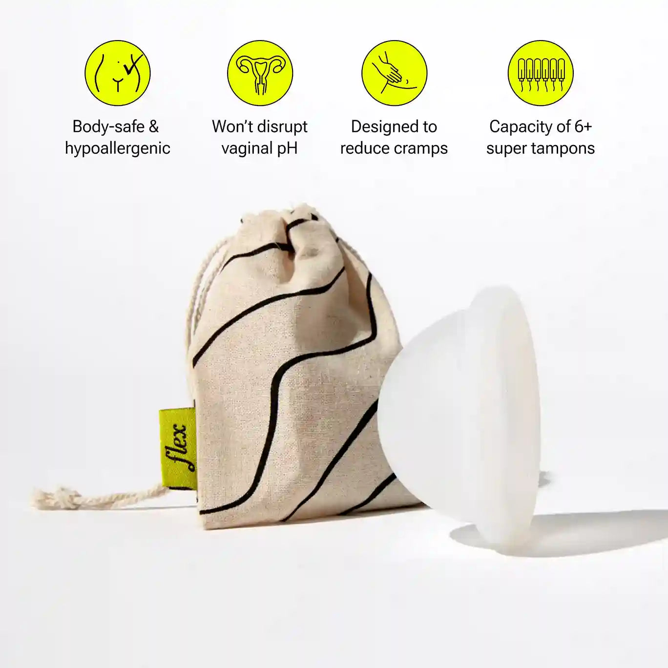 Reusable menstrual disc with pouch and icons highlighting product features