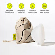 Reusable menstrual disc with pouch and icons highlighting product features