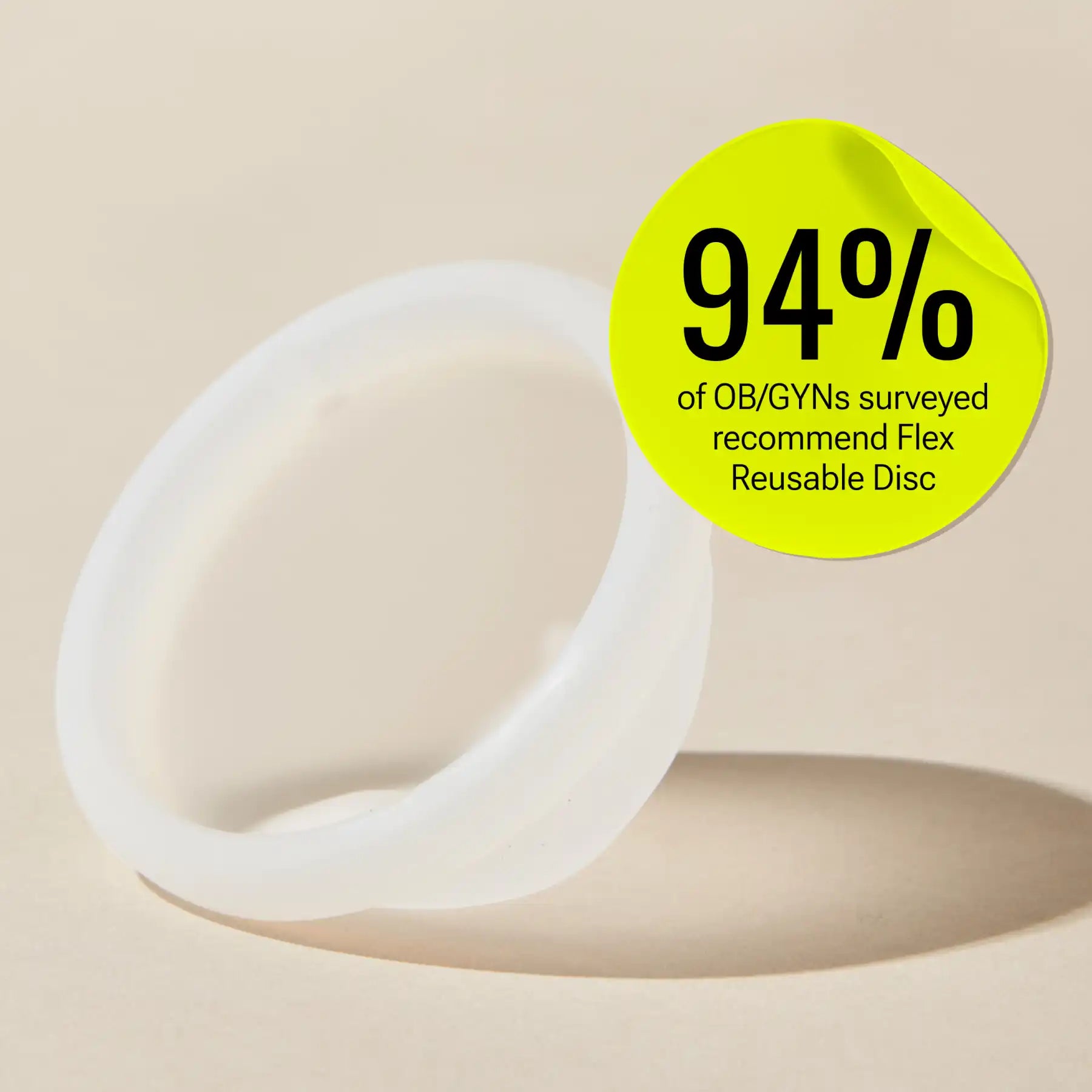 Reusable menstrual disc with overlay stating 94% of OB/GYNs surveyed recommend it