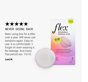 Reusable period disc with product packaging and customer testimonial.