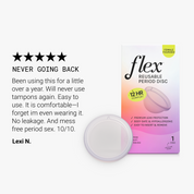 Reusable period disc with product packaging and customer testimonial.