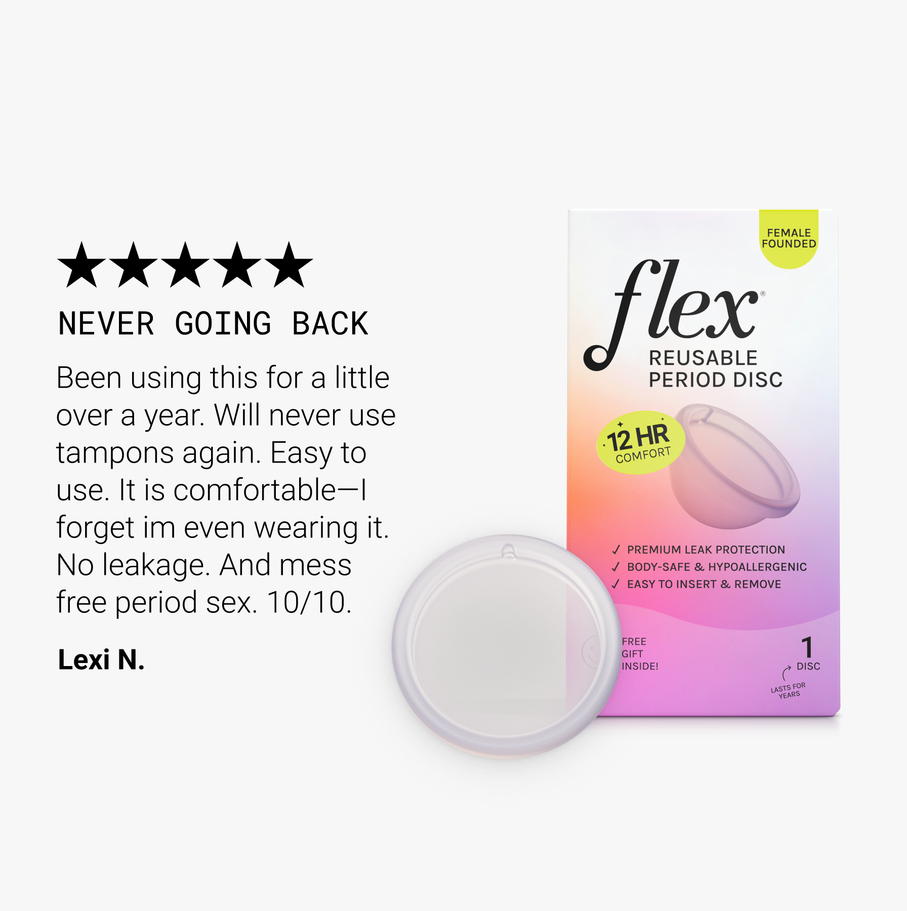 Reusable period disc with product packaging and customer testimonial.