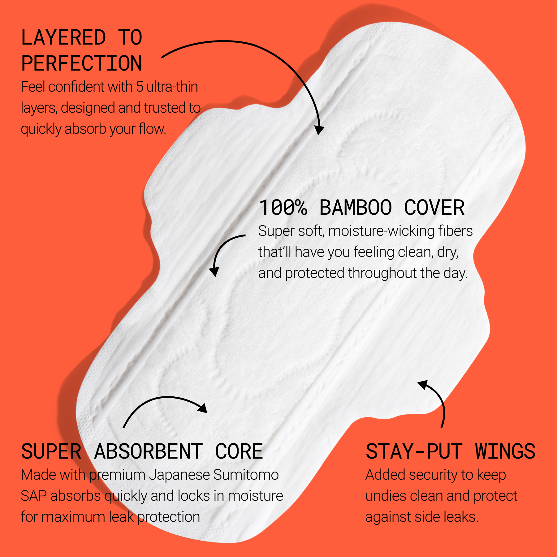 Ultra-thin menstrual pad with bamboo cover, absorbent core, and stay-put wings highlighted with text callouts