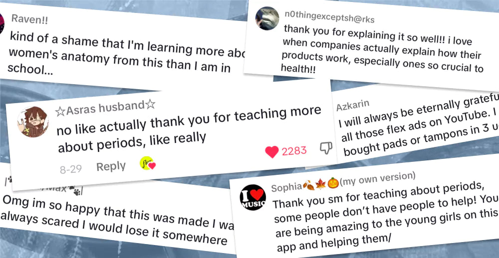 Overlay of user comments expressing gratitude for menstrual education and product transparency